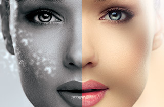 Visage d'une jeune femme avec un côté qui subit la pollution et l‘autre illuminé par le soleil