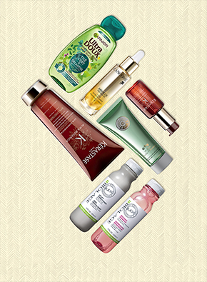 Several Garnier products by Garnier, Lancôme, Kérastase, Roger&Gallet and Biolage illustrating formulas that reduce the water footprint