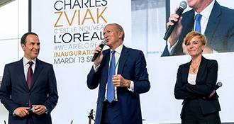 Inauguration du nouveau Campus Charles Zviak à Clichy le 13 septembre 2016, en présence de M. Jean-Paul Agon, de Mme Barbara Lavernos et de M. Laurent Attal.